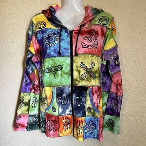 Collection Royal Hoodie Zip Up Patchwork Tie Dye Art Wear Hippie Boho Nepal -Med